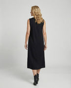 Damen Midi Kleid ärmellos mit V-Ausschnitt – Schwarz A-Linie