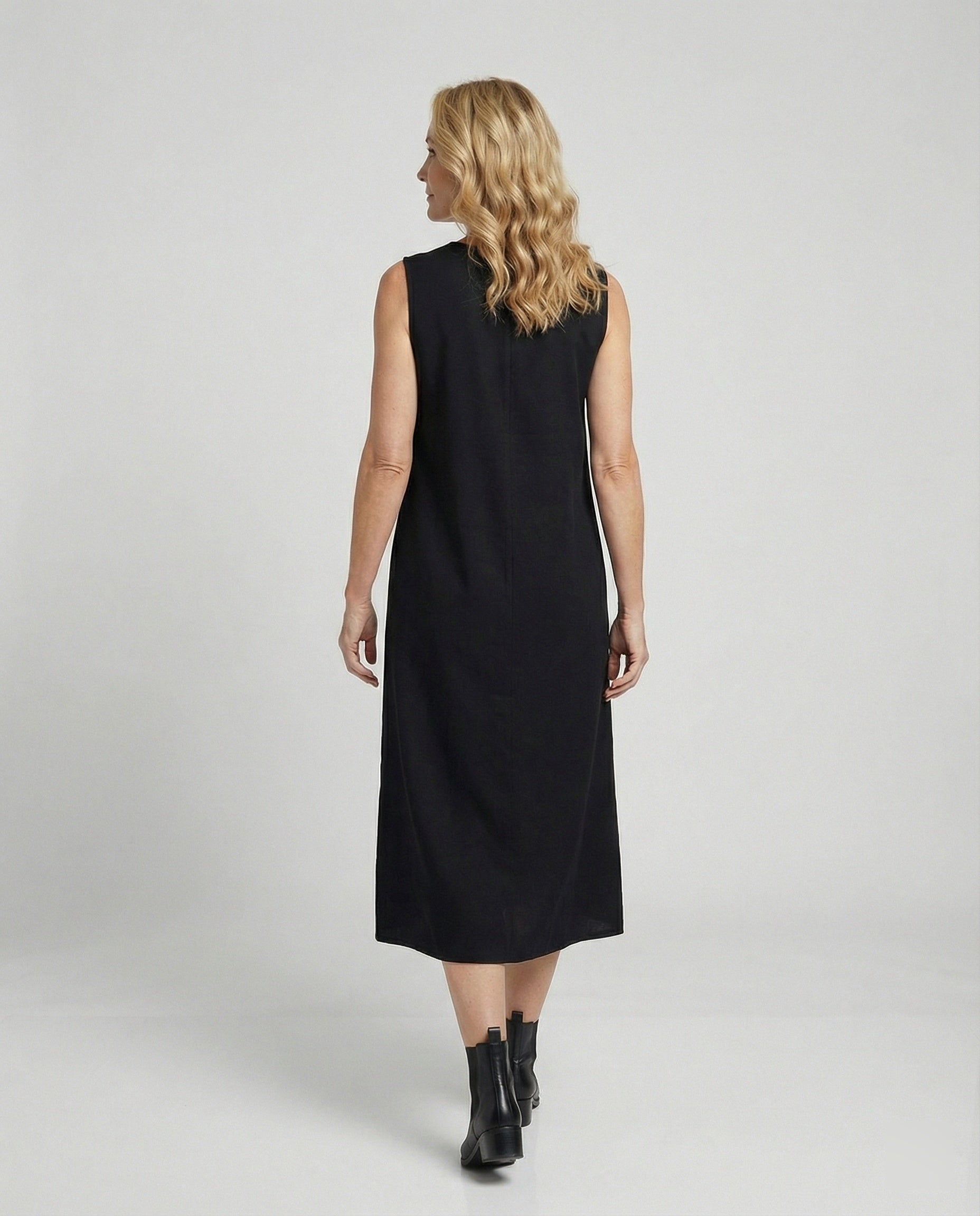 Damen Midi Kleid ärmellos mit V-Ausschnitt – Schwarz A-Linie