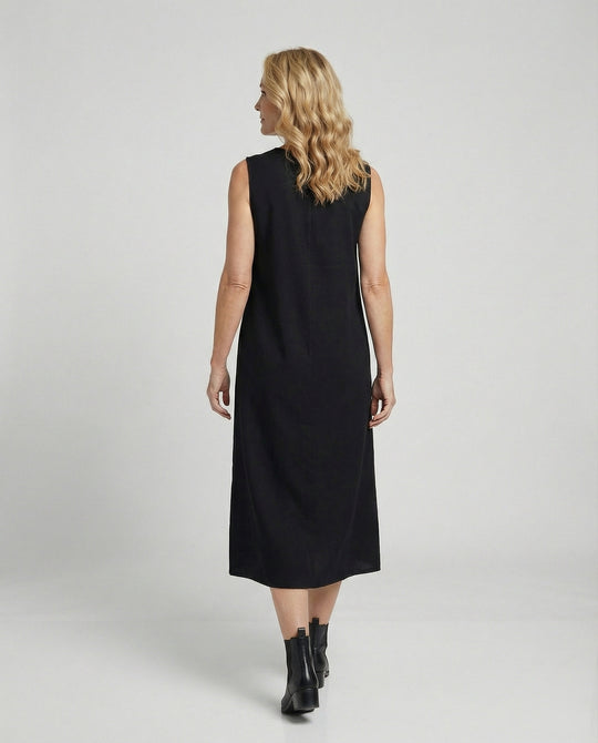 Damen Midi Kleid ärmellos mit V-Ausschnitt – Schwarz A-Linie