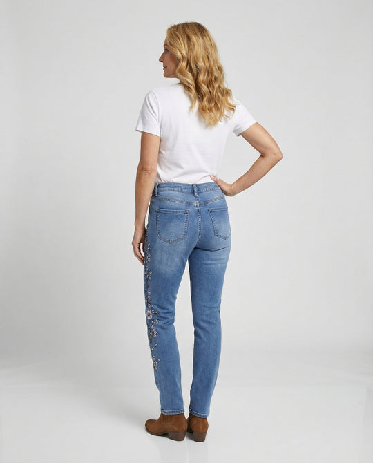 Damen Bootcut Jeans mit floraler Stickerei Stretch