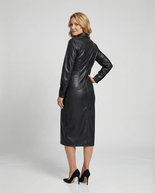 Damen Kunstleder Hemdkleid Tailliert