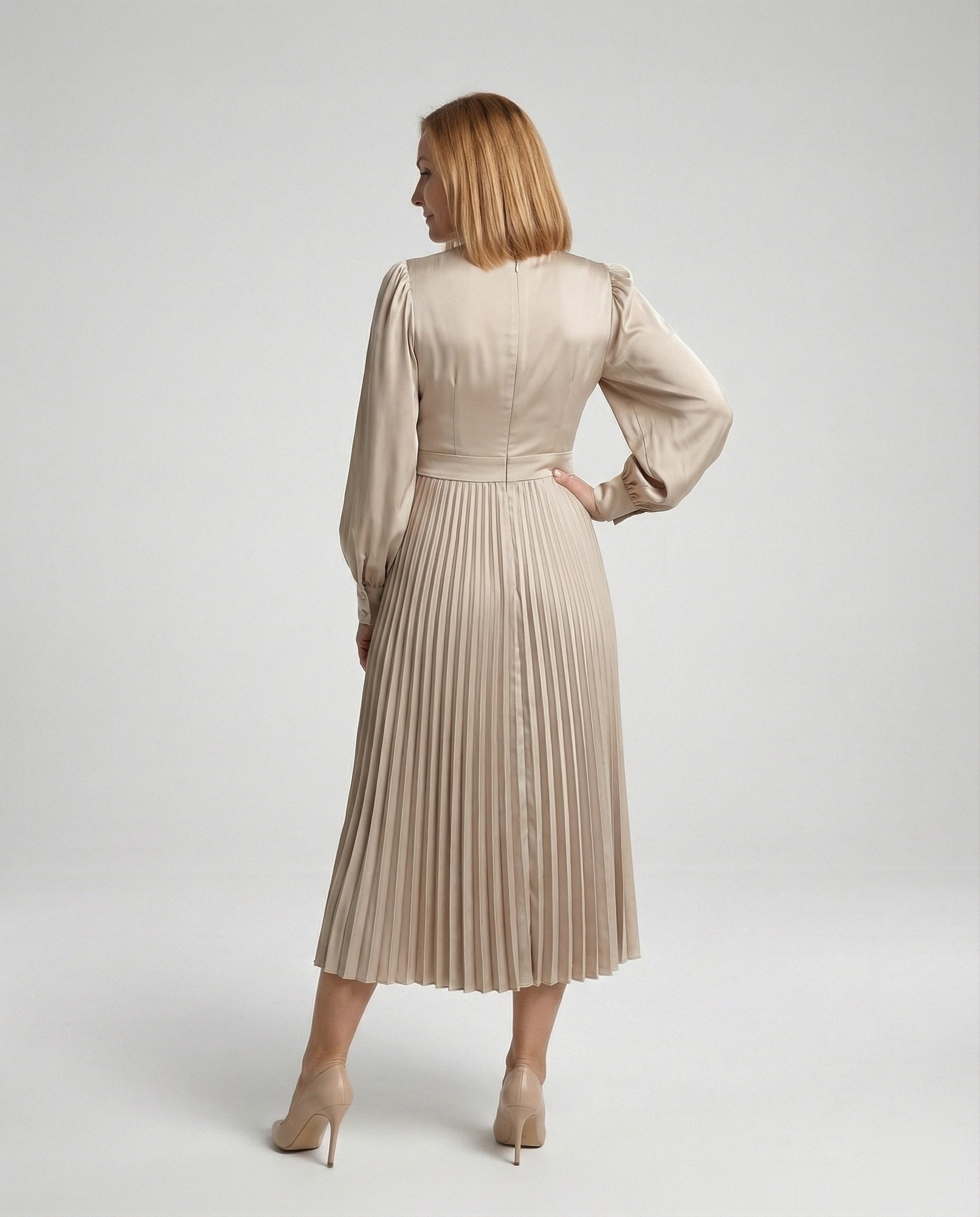 Damen Midikleid Plissee Satinoptik