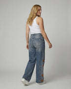 Damen Weit geschnittene Jeans im floralen Design mit bunten Applikationen R&B