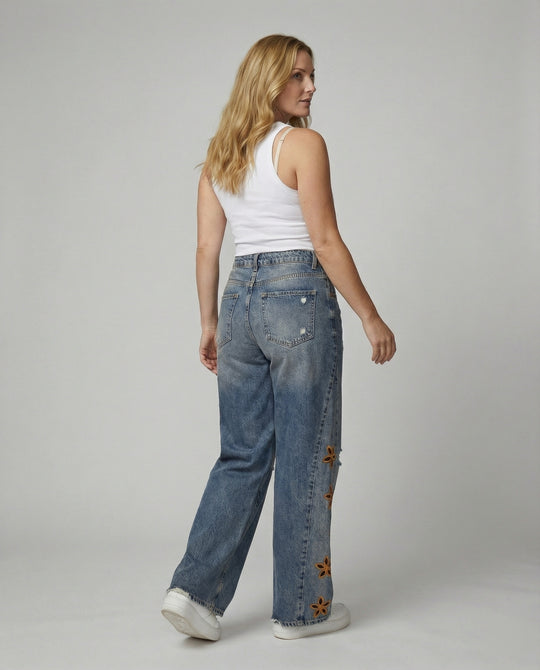Damen Weit geschnittene Jeans im floralen Design mit bunten Applikationen R&B