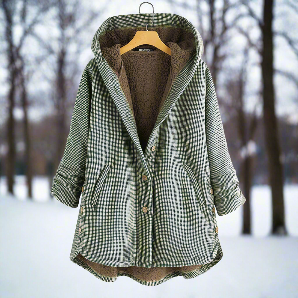 R&B | Mantel - Karierter Wollmix - Kapuze und Weiche Fütterung - Oversized Passform - Knopfverschluss