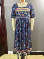 R&B | Rundhalsausschnitt Kurzarm Bohemian Print Kleid Frauen