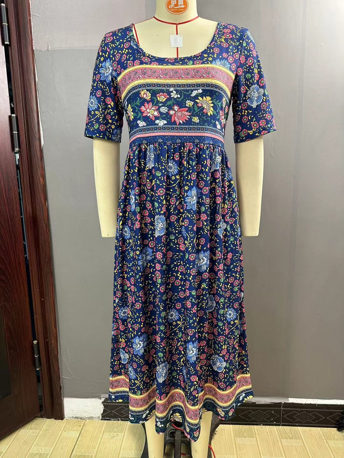 R&B | Rundhalsausschnitt Kurzarm Bohemian Print Kleid Frauen
