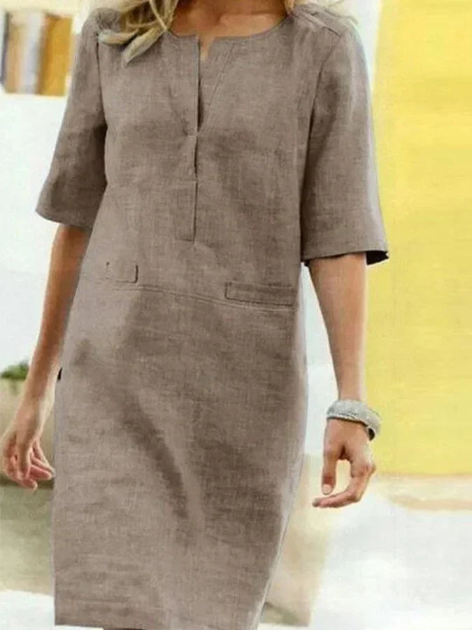 R&B | Damen Kurzarm Baumwolle und Leinen Kleid