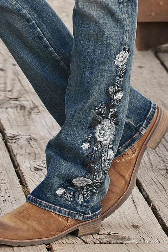 R&B | Mittel Taille Flamingo Bestickte Jeans