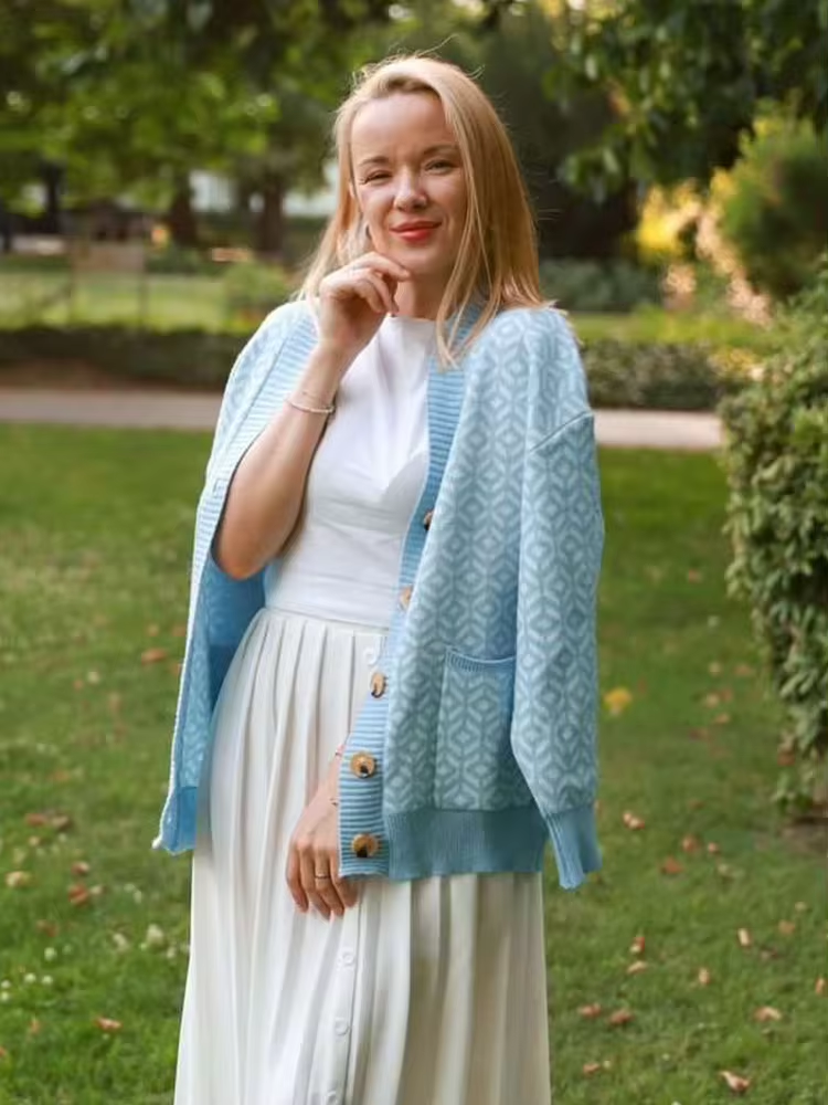 R&B | Strickcardigan mit geometrischem Muster und Knopfleiste