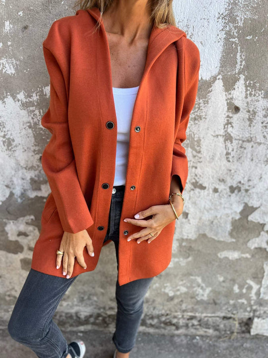 R&B | Lange Jacke Wollmischung Knopfverschluss mit Kapuze Bequeme Passform