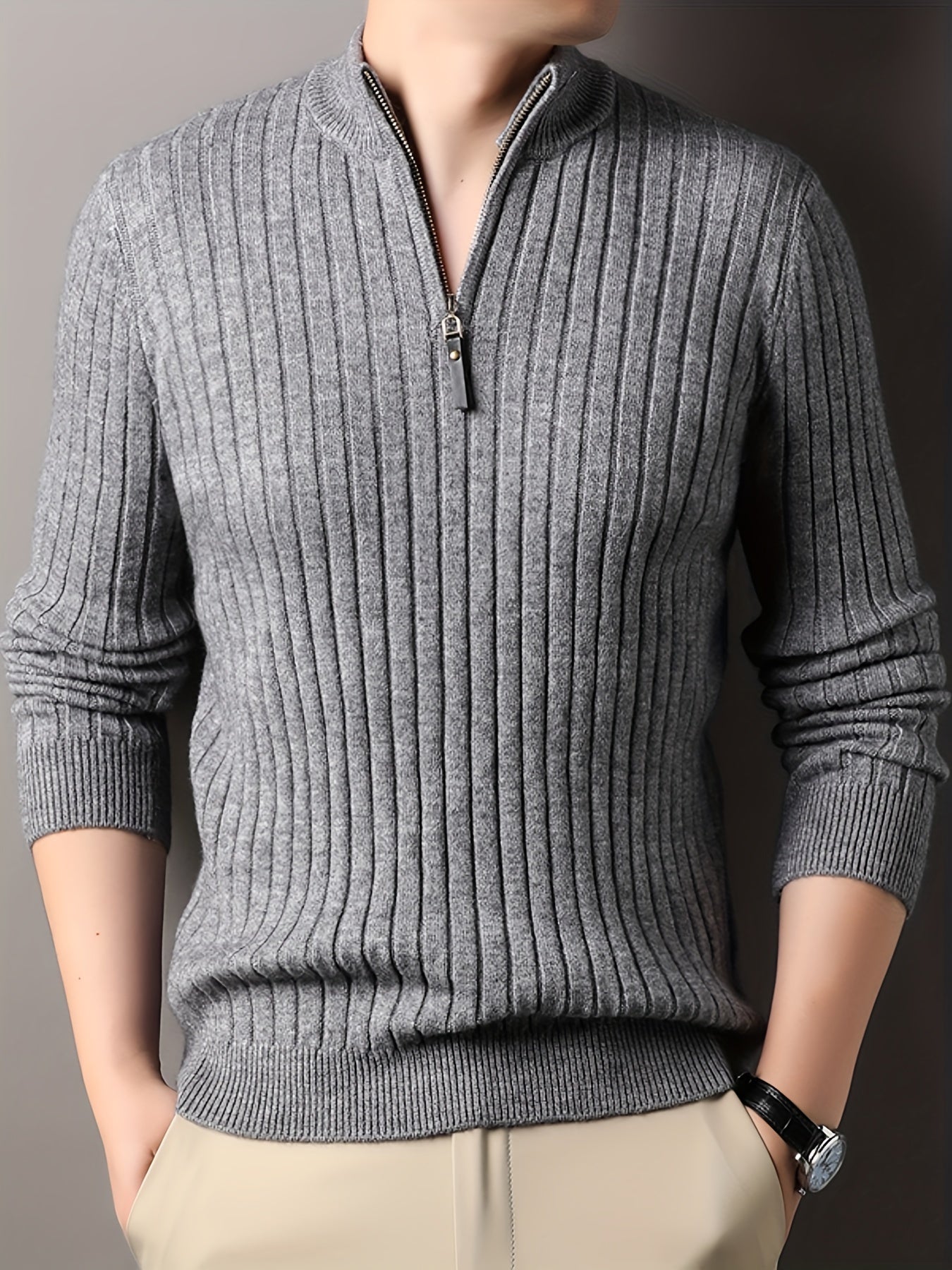 R&B | Strickpullover mit Hohem Kragen und Reißverschluss Geripptes Design Weiches Material