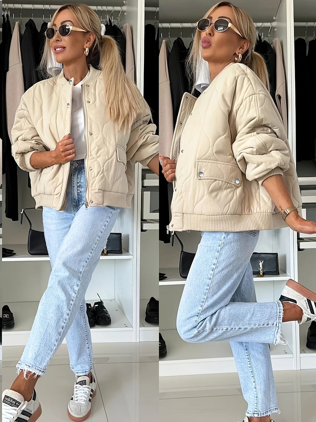 R&B | Gequiltete Jacke Farbblock Warmer Pufferjacke Reverskragen und Taschen Ideal für Frühling/herbst