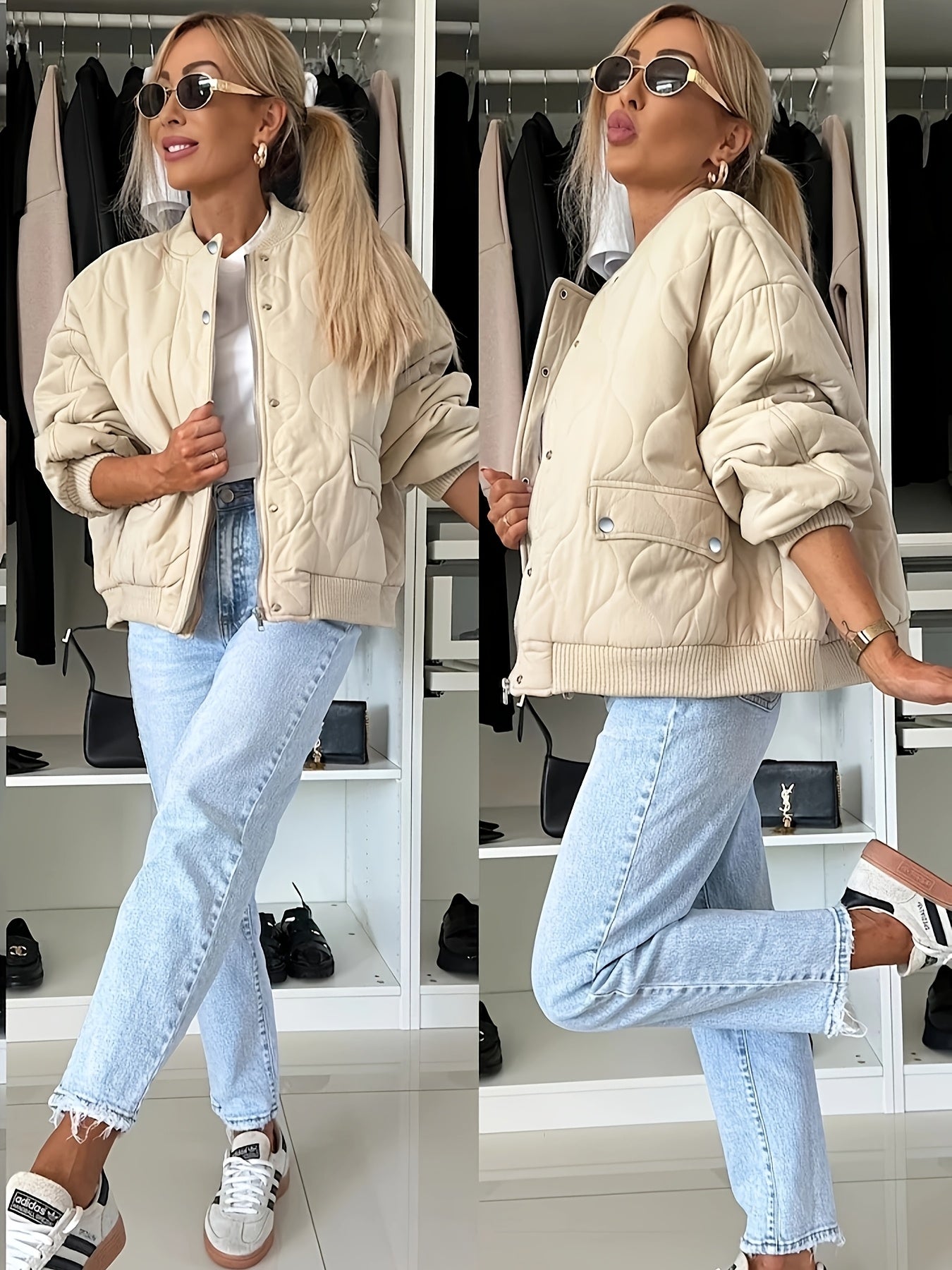 R&B | Gequiltete Jacke Farbblock Warmer Pufferjacke Reverskragen und Taschen Ideal für Frühling/herbst