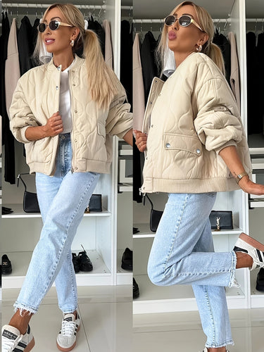 R&B | Gequiltete Jacke Farbblock Warmer Pufferjacke Reverskragen und Taschen Ideal für Frühling/herbst