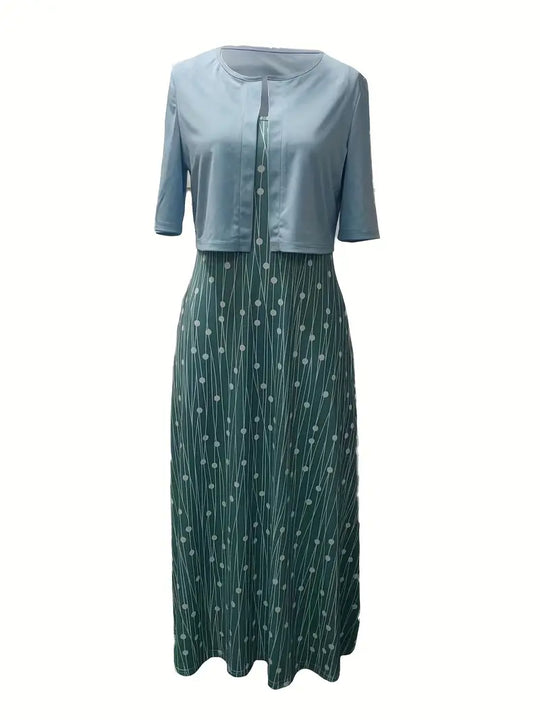 R&B | Elegante Zweiteilige Blumenkleid-Set mit Einfarbigem Crop-Top und Rundhalskleid