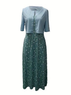 elegantes zweiteiliges Blumenkleid-Set mit einfarbigem Crop-Top und Kleid mit Rundhalsausschnitt