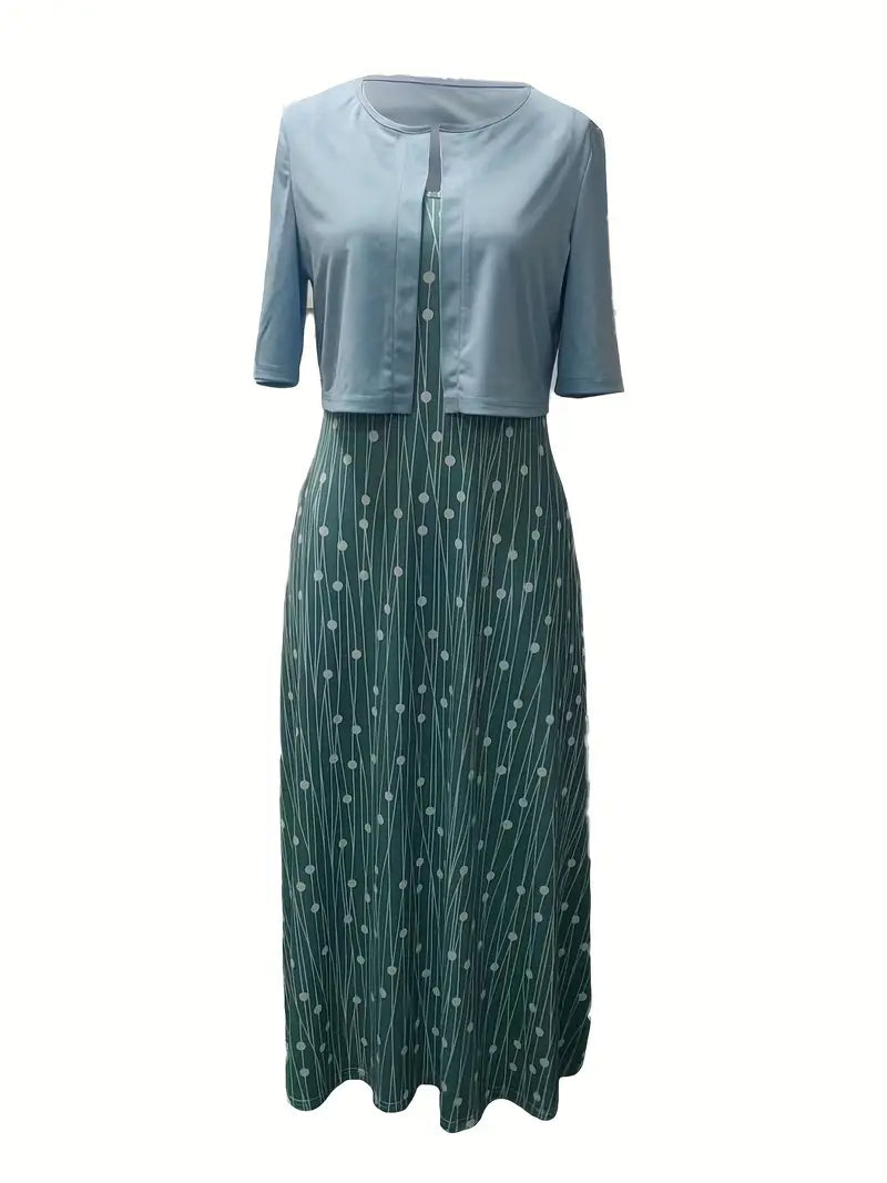 R&B – elegantes zweiteiliges blumenkleid-set mit einfarbigem crop-top und kleid mit rundhalsausschnitt
