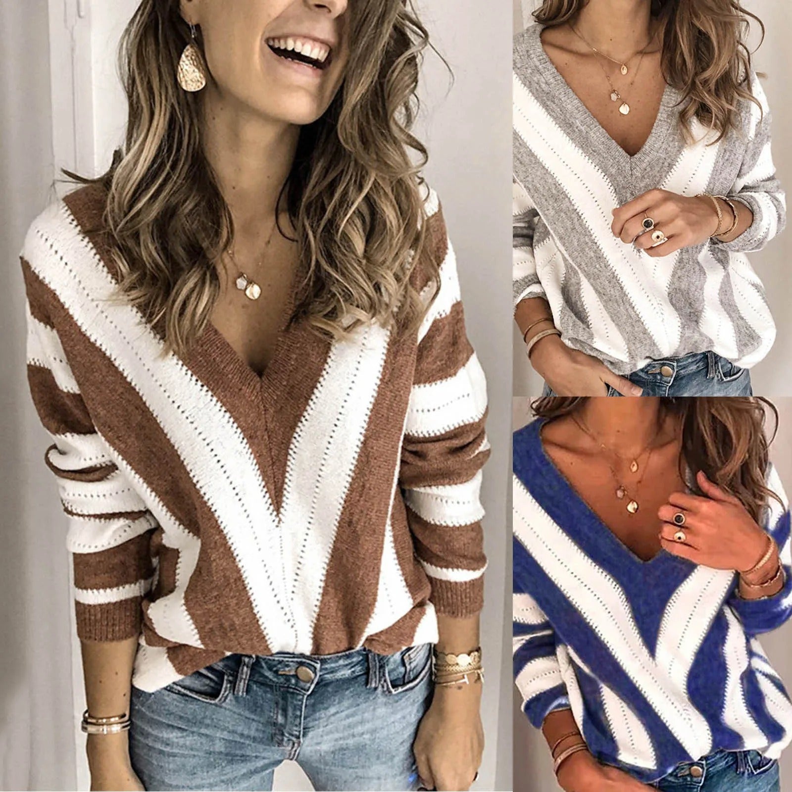 R&B | Gemütlicher gestreifter Pullover mit V-Kragen für Damen