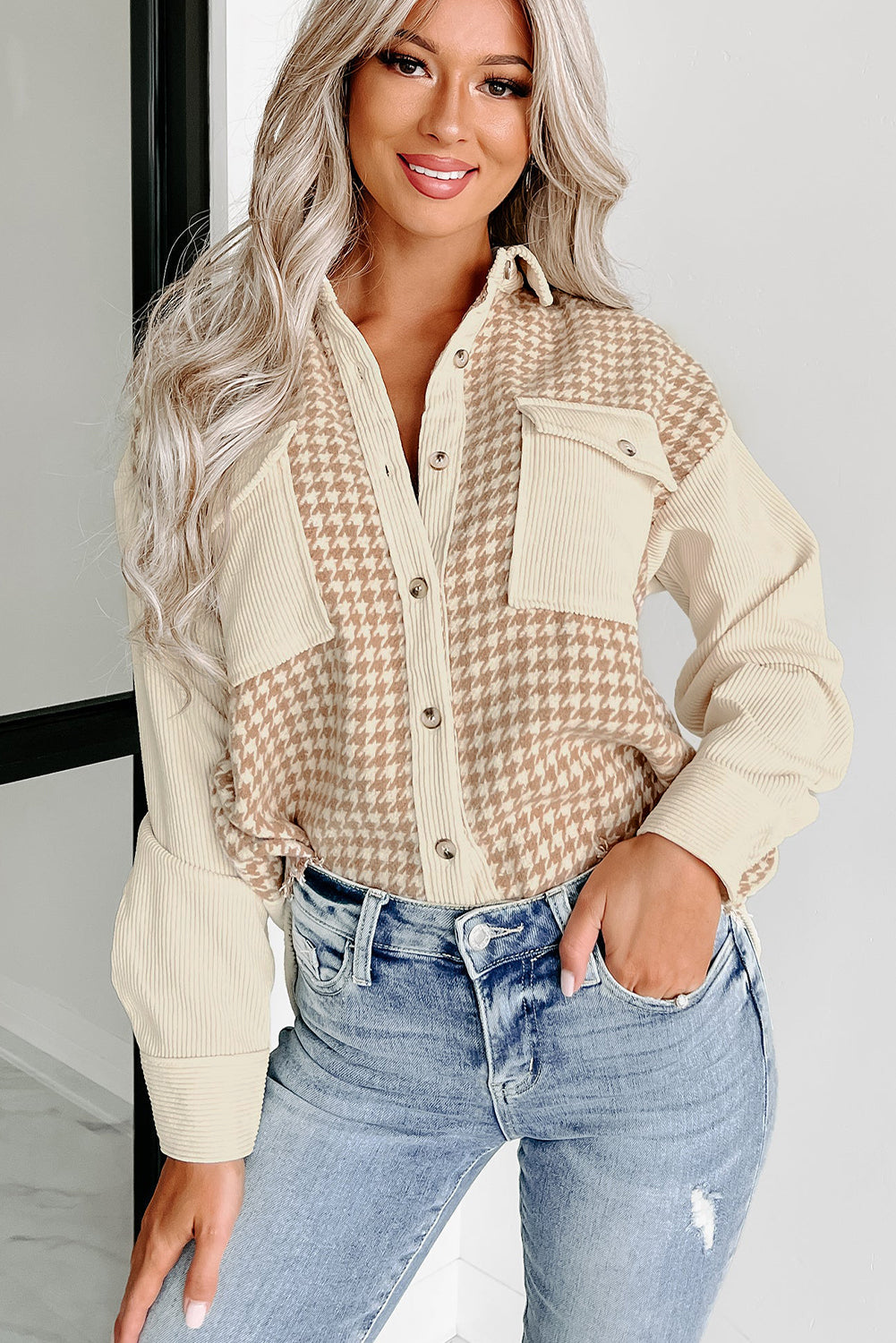 R&B | Hundezahn Muster Hemdjacke Baumwollmischung Trendy und Komfortabel