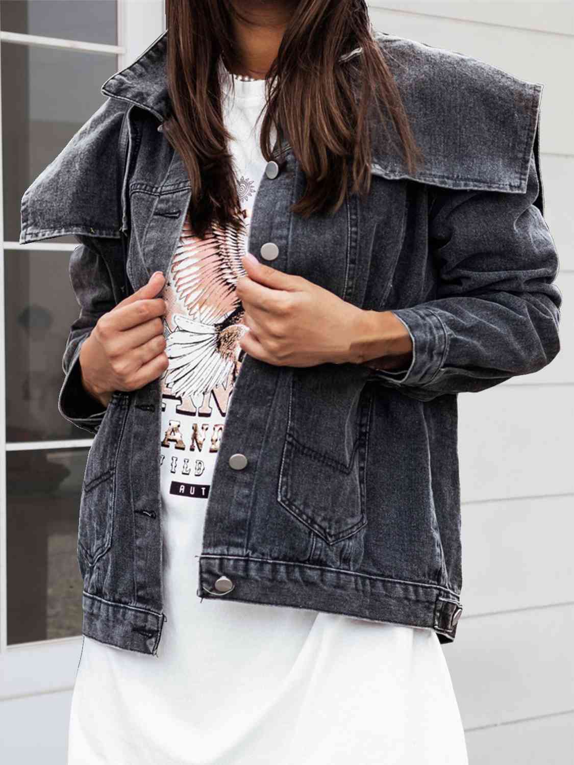 R&B | Kragenhals Knopfverschluss Denimjacke