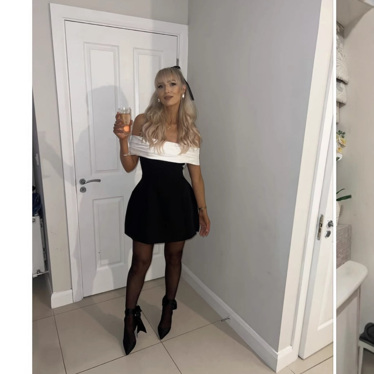R&B | Ein-Wort-Schulter schwarz-weißes Kleid mit kontrastierender Schleife