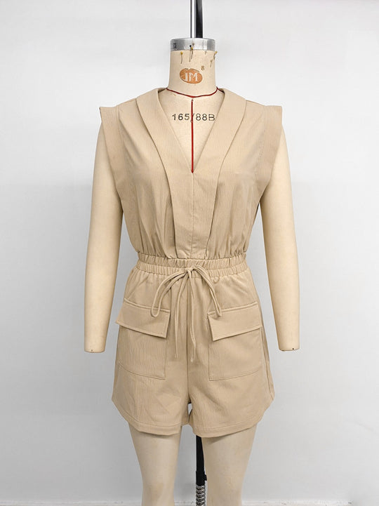 R&B | Kordelzug Tasche V-Ausschnitt einfarbig Jumpsuit Shorts