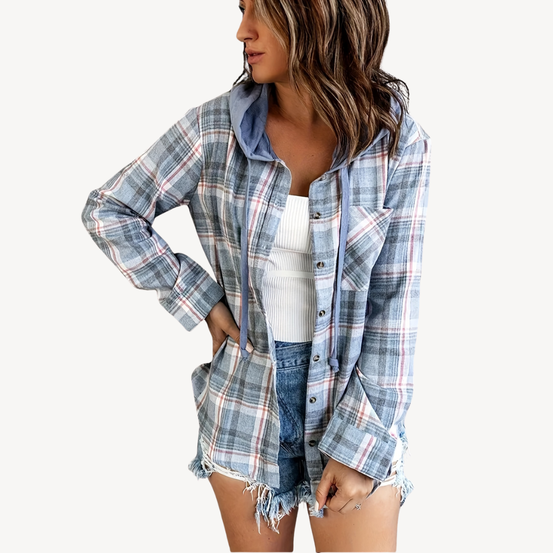 R&B | Damen Karierte Button-Down Hemdjacke mit Kapuze
