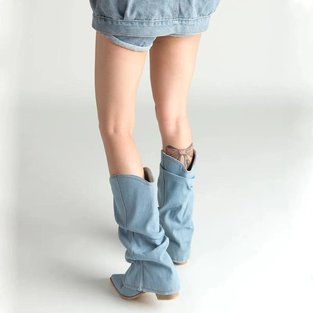 Denim-Stiefel für Frauen mit Blockabsätzen R&B