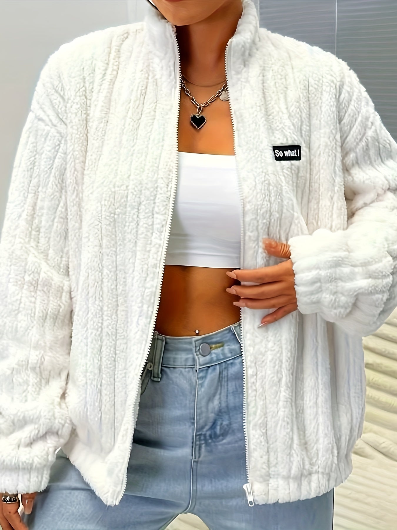 R&B | Plüsch Zip-up Jacke mit Text-patch Polyester Weich und Warm