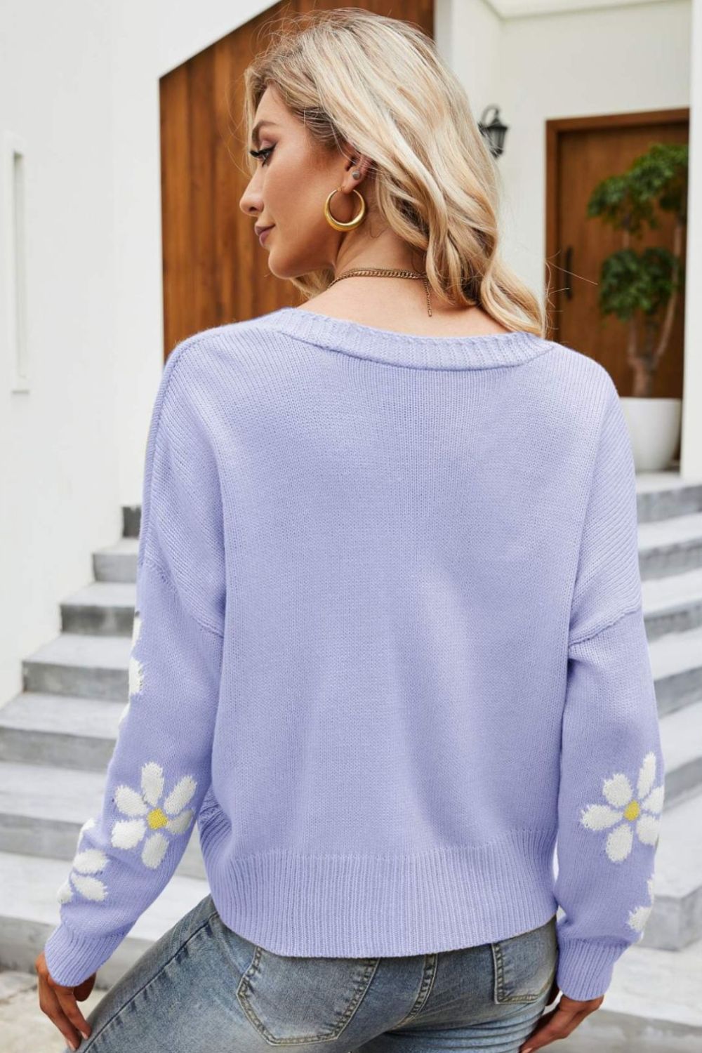 R&B | Floral Ribbed Trim Drop Shoulder Cardigan
