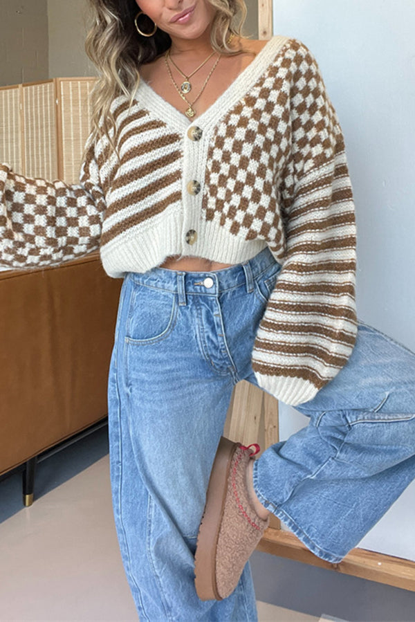 R&B | gestreifte leichte Strickjacke mit Karomuster