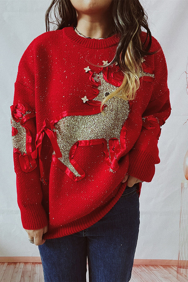 R&B | Weihnachtsmuster Gestrickter Rundhalsausschnitt Langarmpullover