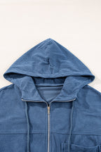 Blaugrüne Cordjacke Mit Kordelzug Und Kapuze Und Reißverschluss