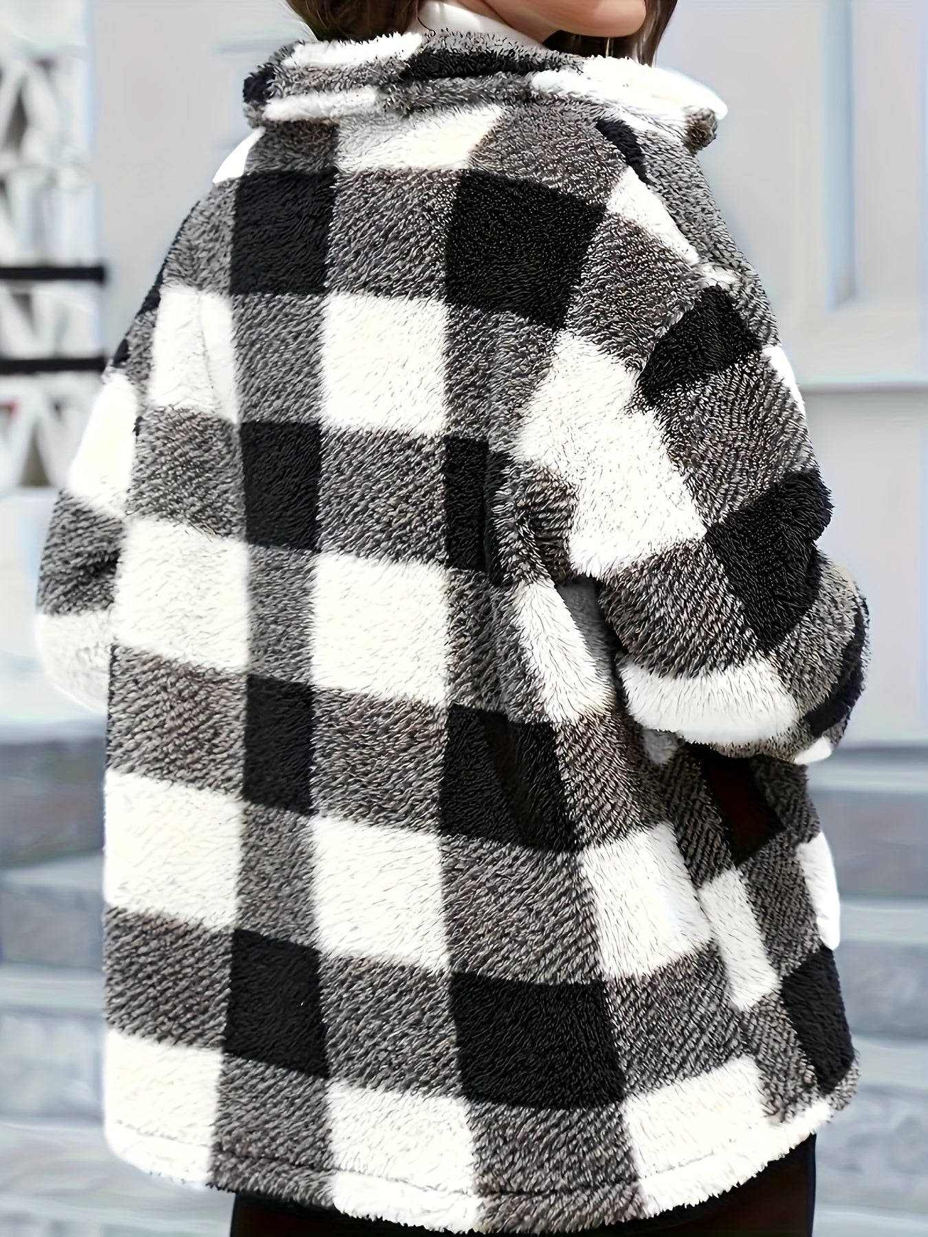 R&B | Gitter Teddyjacke mit Knöpfen und Taschen Polyester Warm und Stilvoll