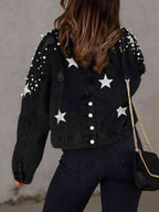 R&B | Perlenbesatz Knopf-Down Denimjacke mit Taschen