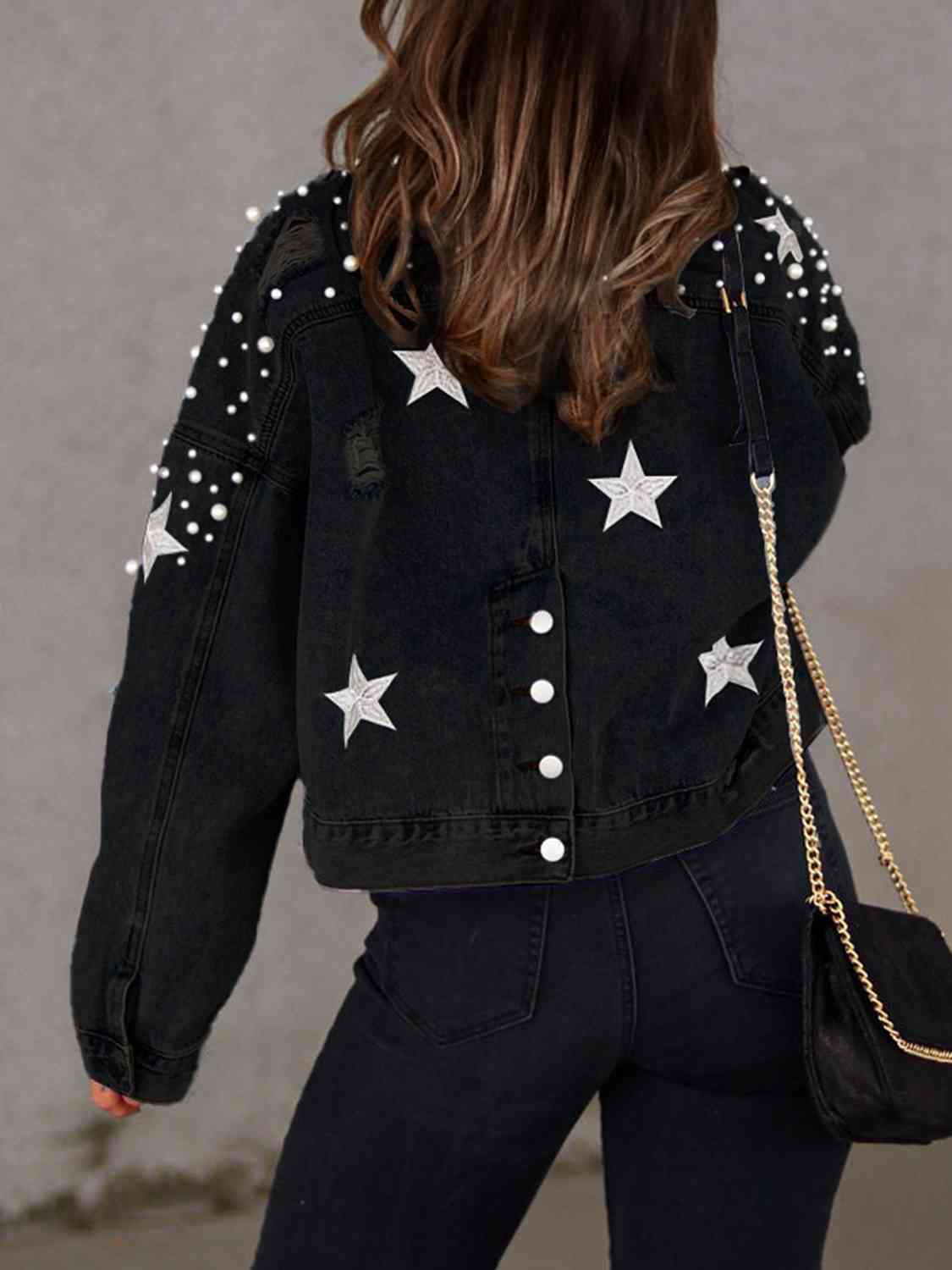 R&B | Perlenbesatz Knopf-Down Denimjacke mit Taschen
