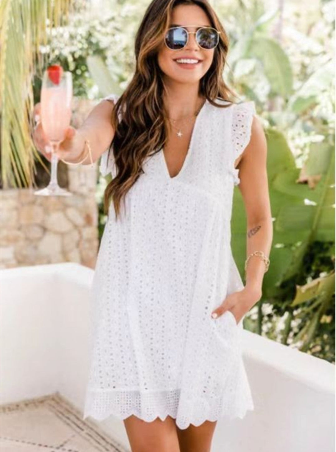 R&B | Jacquard-Kleid mit hohlem V-Ausschnitt aus Spitze