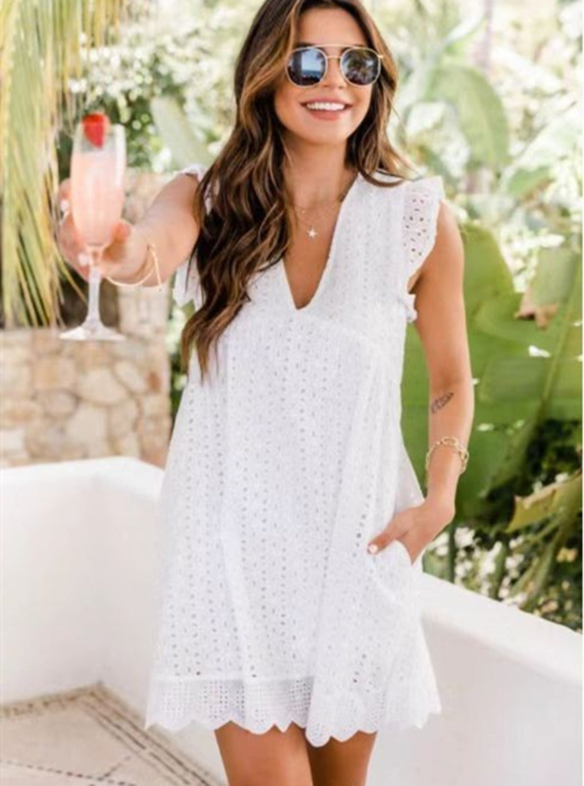 R&B | Jacquard-Kleid mit hohlem V-Ausschnitt aus Spitze