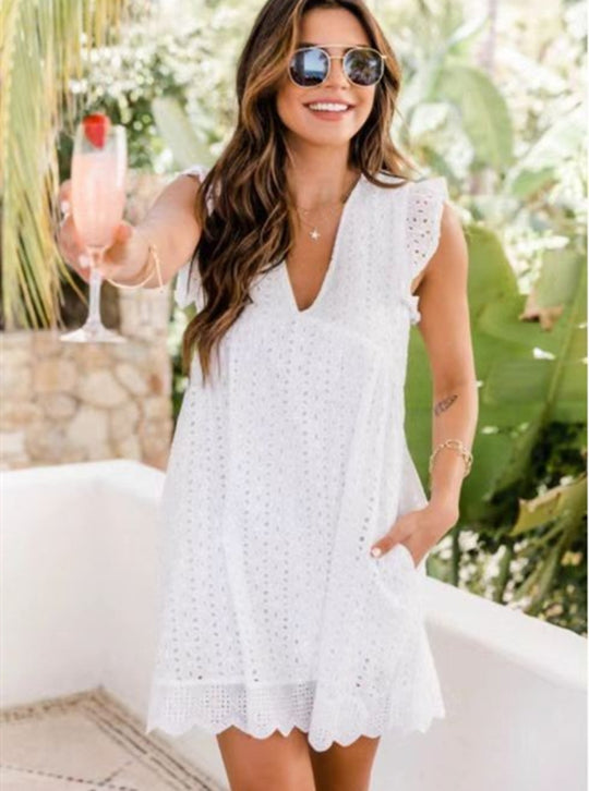 R&B | Jacquard-Kleid mit hohlem V-Ausschnitt aus Spitze