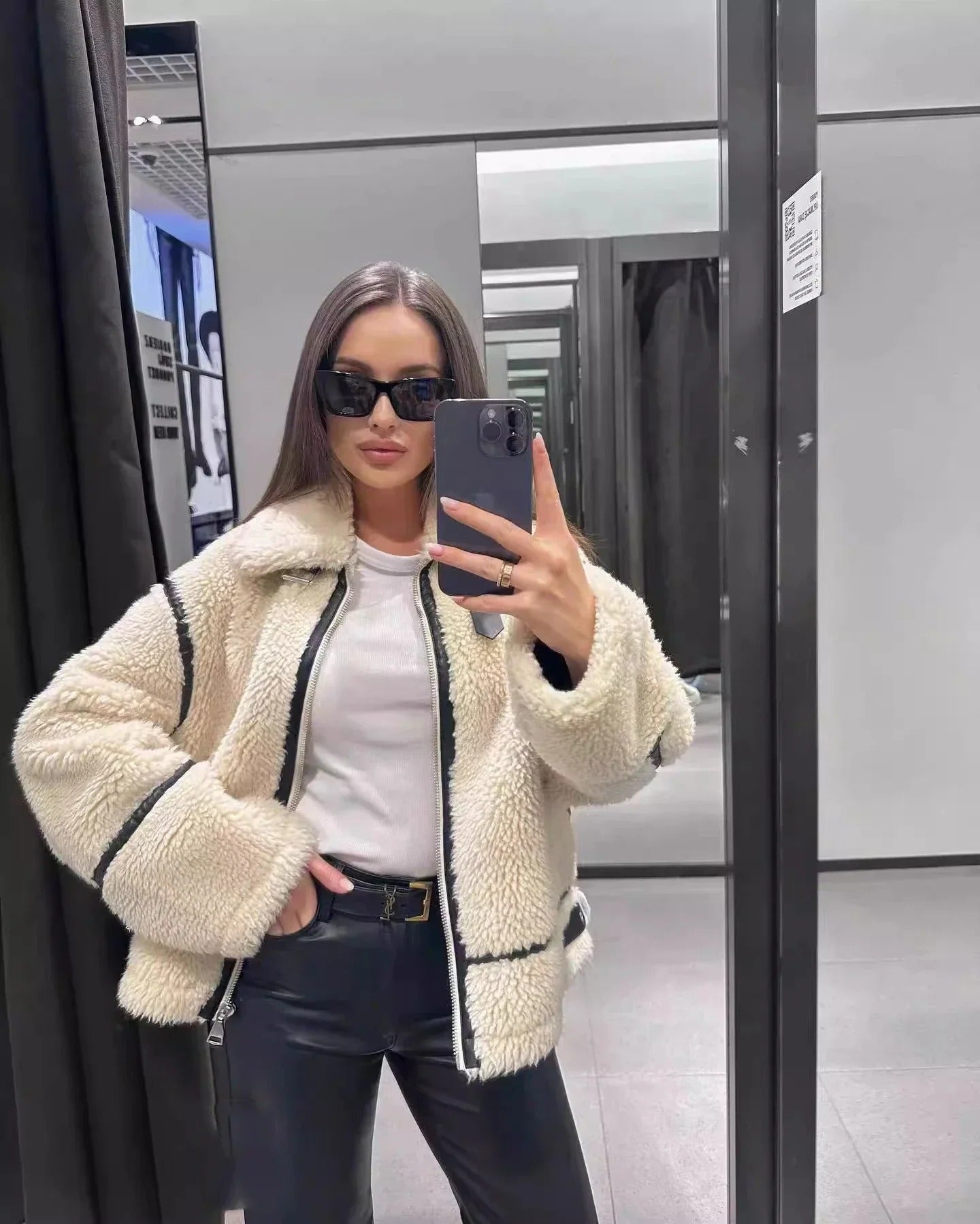 R&B | Oversized Teddyjacke - Kontrastbesatz Hoher Kragen Jacke