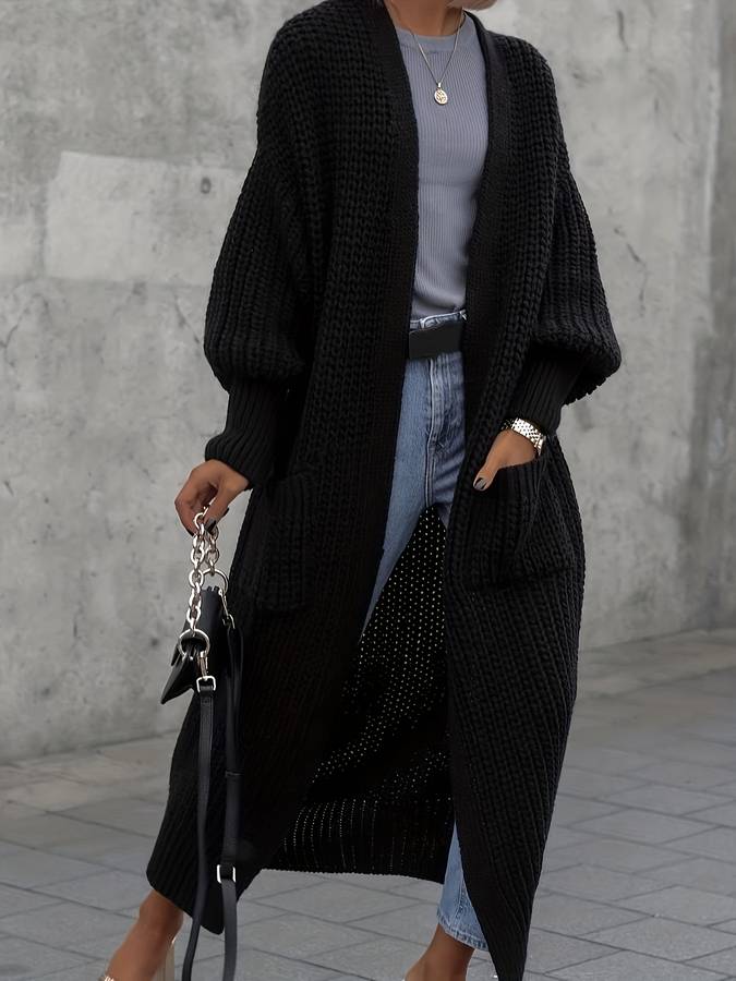 R&B | Gestrickte Übergröße Schwarze Damen Lange Weste mit Taschen