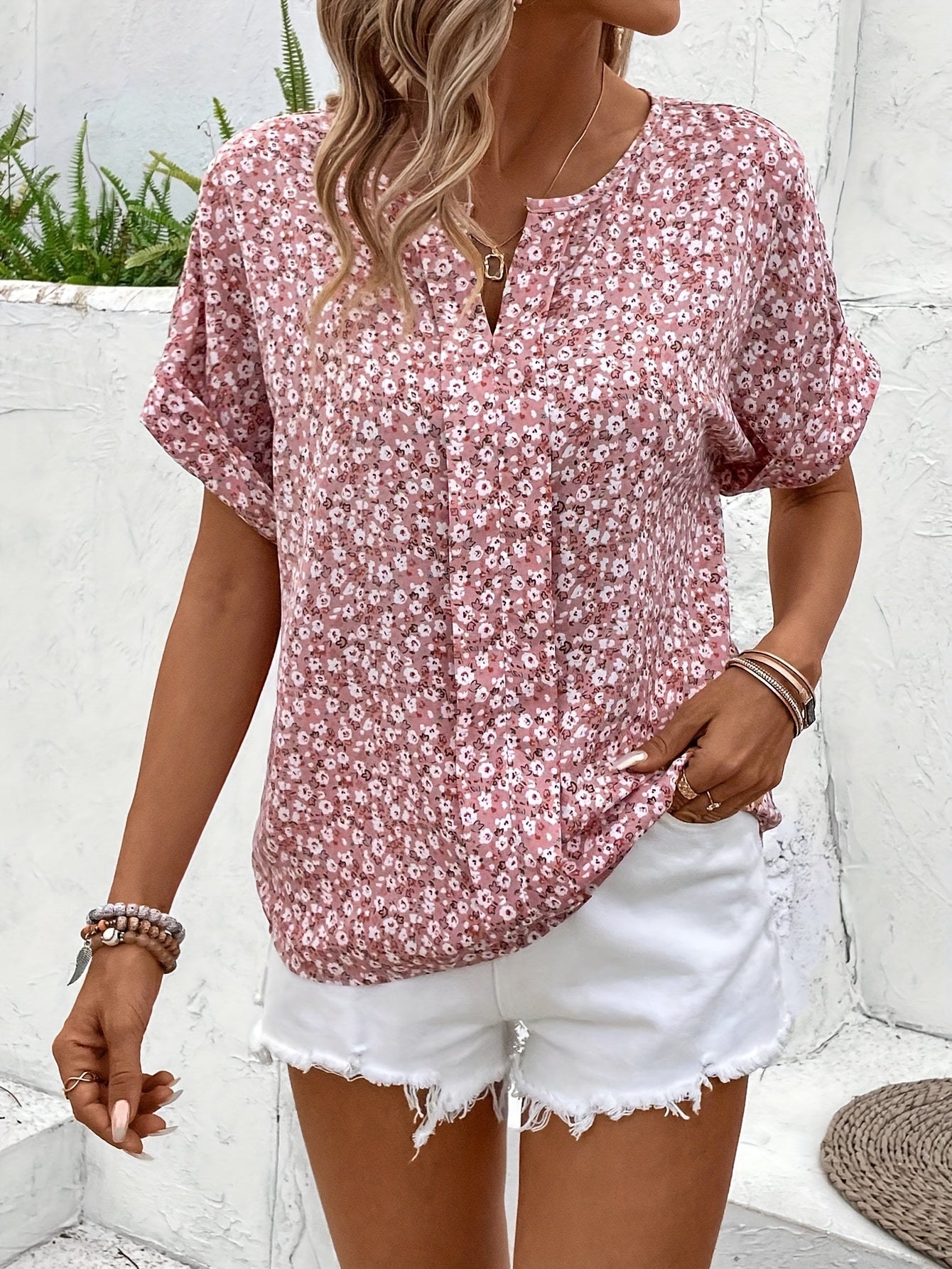 R&B | Bluse mit Blumenmuster und Rundhalsausschnitt für Damen
