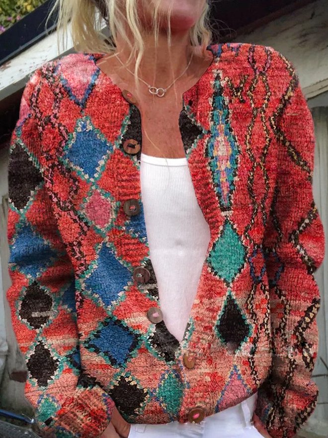 R&B | Knopflose Strickjacke mit Blumenmuster Strick Elegant und Komfortabel