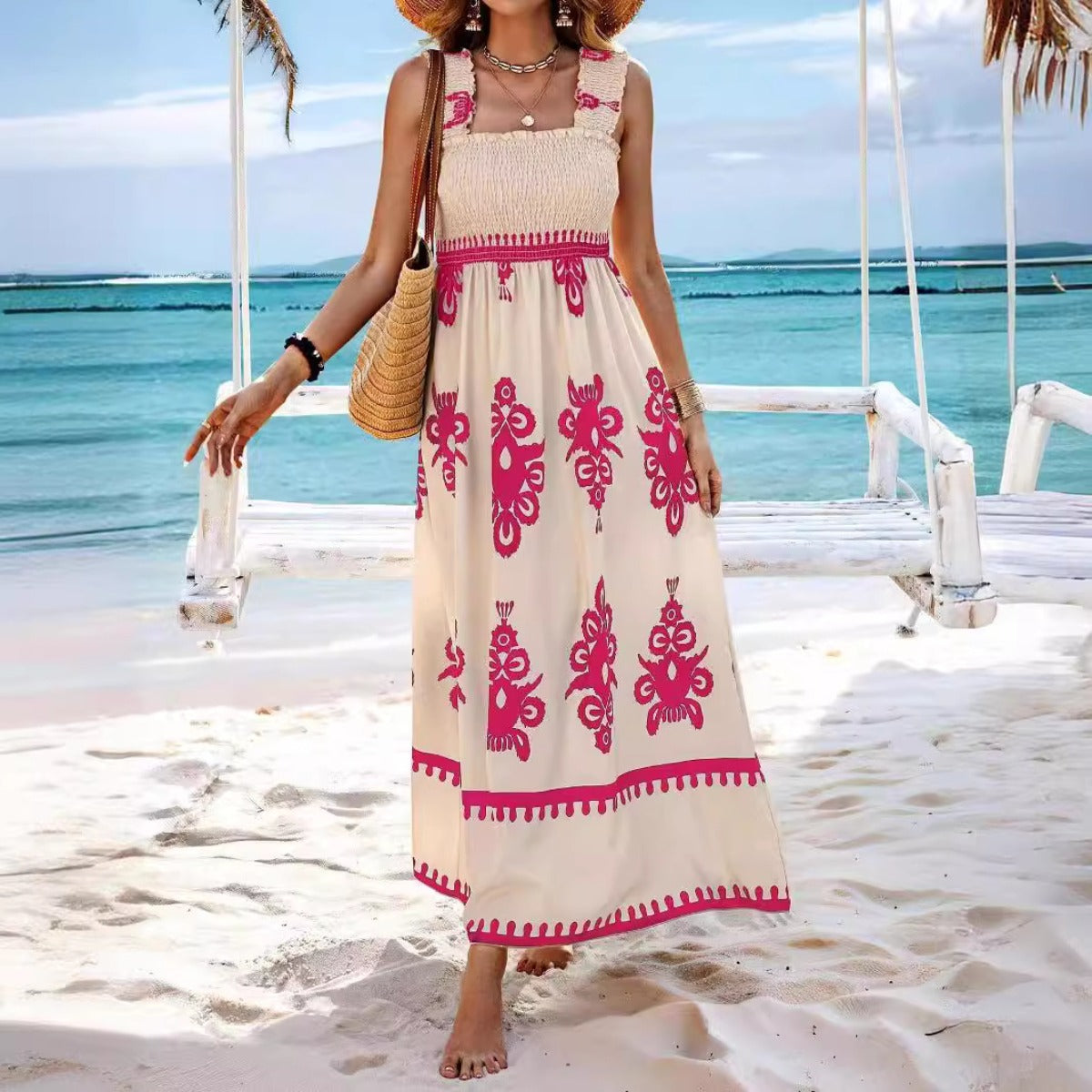 R&B | Bedrucktes Brustwickelkleid im Urlaubsstil
