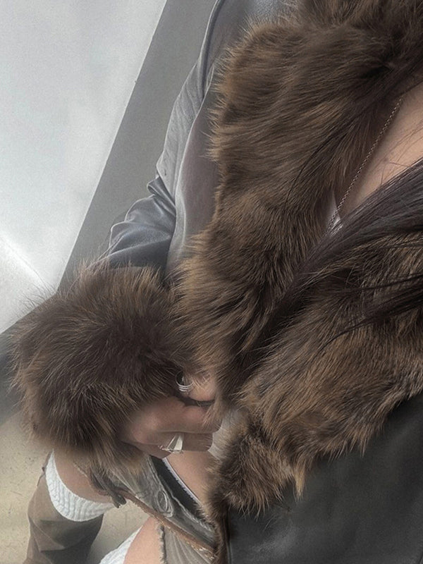 R&B | Amerikanischer Stil Pelzkragen Patchwork Lederjacke