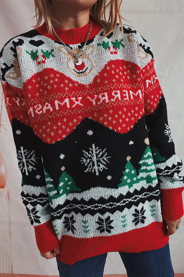 R&B | Weihnachtsmuster Gestrickter Rundhalsausschnitt Langarmpullover