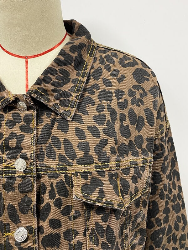 R&B | Jeansjacke mit langen Ärmeln und Leopardenmuster