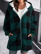 R&B | Weiche Damen Karierte Fleece Kapuzenjacke