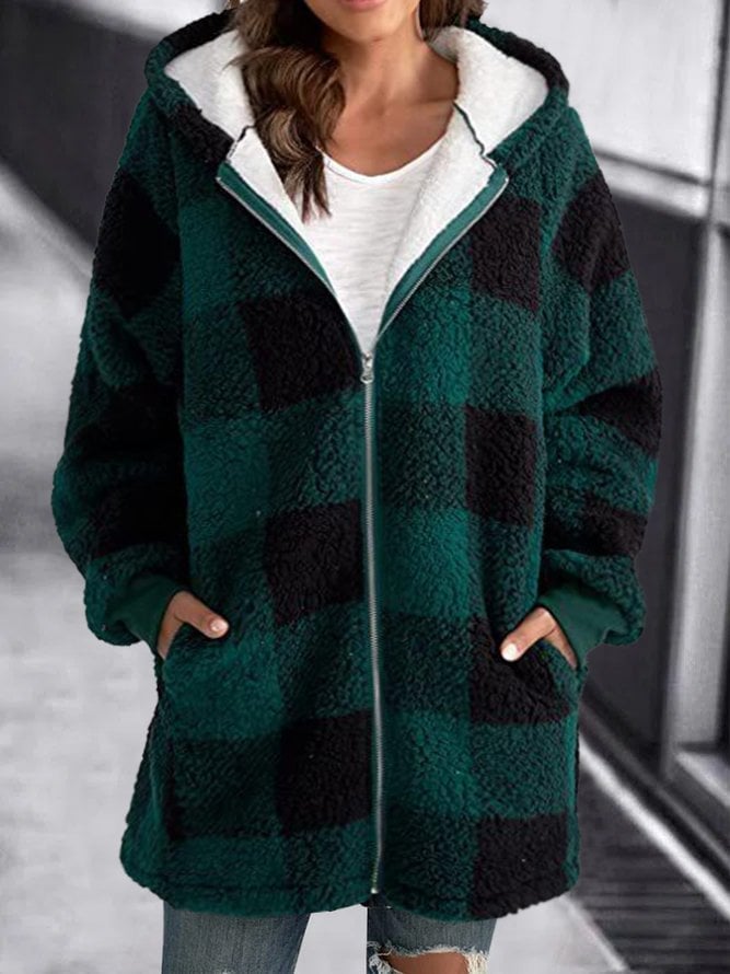 R&B | Weiche Damen Karierte Fleece Kapuzenjacke